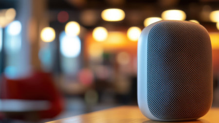 Close-up of sleek voice assistant speaker in high-tech minimalist office setupの素材