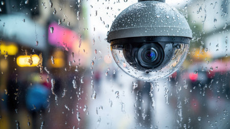 Close-up of waterproof smart security camera with raindrops on lensの素材
