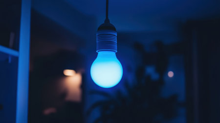 Close-up of smart light bulb in a modern ceiling fixture, glowing in blue hueの素材
