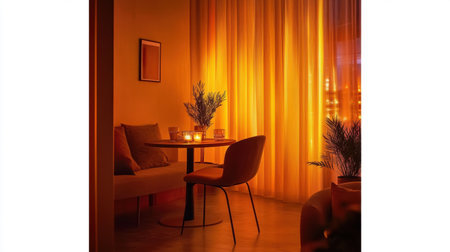 Dining area with automatically dimmed lights triggered by time schedule or motion sensorの素材