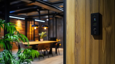 Discreet motion sensor installed on wall blending into modern interiorの素材