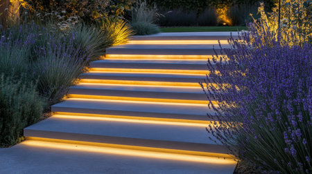 Garden pathway illuminated by weatherproof smart lights set to cool whiteの素材