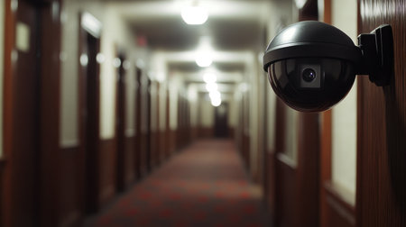 Entry hallway monitored by ceiling-mounted indoor security cameraの素材
