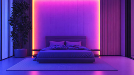 High-tech bedroom with color LED smart lighting, sleep tracker, and climate automationの素材