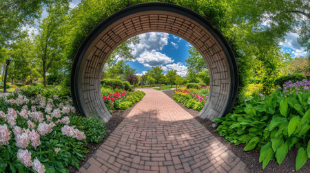 Garden pathway visible through wide-angle smart camera lensの素材
