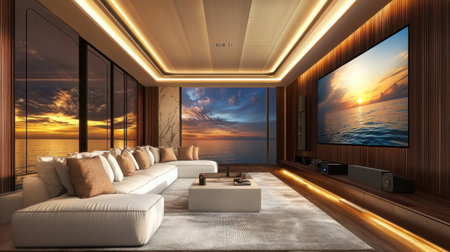 Home theater room with smart projector, voice-controlled lighting, and surround speakersの素材