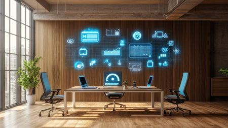 Home office with smart plug system, lighting automation, and energy consumption dashboardの素材