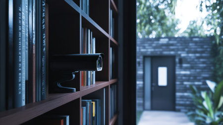 Indoor smart camera sitting on bookshelf aimed at entrance doorの素材