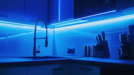 Kitchen faucet and lighting operating on scheduled commands in smart automation sceneの素材