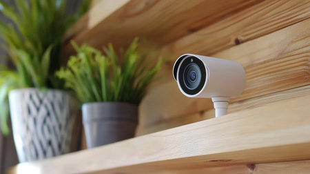 Indoor security camera placed on a shelf with wide-angle lens and motion trackingの素材