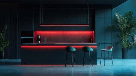 Kitchen island lit with color-changing smart pendant lights controlled via appの素材