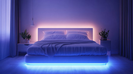 Motion-activated under-bed smart lighting illuminating softly at nightの素材