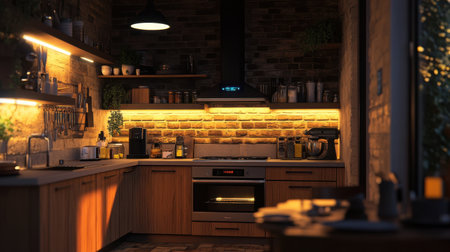 Smart kitchen setup with connected oven, lighting control, and digital cooking assistant displayの素材