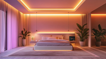 Smart lighting system in bedroom controlled via wall-mounted touchscreenの素材