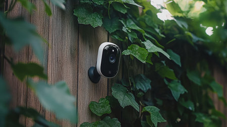 Smart outdoor camera on wooden fence corner watching over backyardの素材