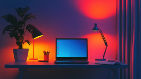 Home office with voice system managing lighting, music, and tasksの素材