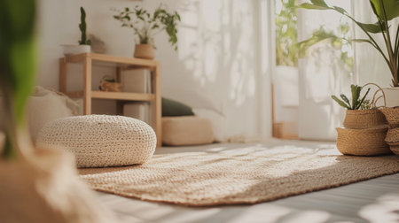 Neutral rug in an open space with floor cushions and small plantの素材