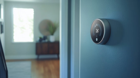 Close-up of smart thermostat on wall with temperature display and sleek design in modern hallwayの素材