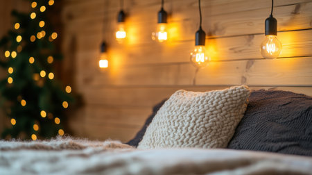 Cozy bedroom interior with smart bulbs set to warm tones for evening ambianceの素材
