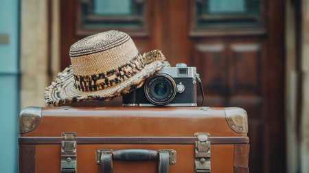 Trolley case with woven hat and camera on top next to a modern hotel doorの素材