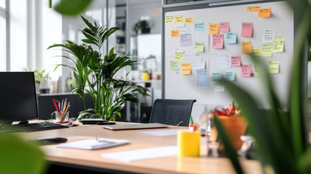 Workflow board with sticky notes, markers, and colored tape on whiteboard wallの素材
