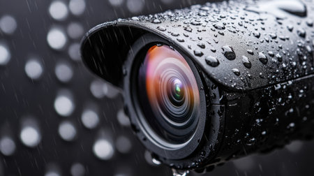 Close-up of waterproof smart security camera with raindrops on lensの素材