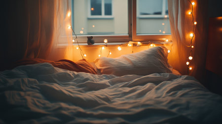 Cozy bedroom interior with smart bulbs set to warm tones for evening ambianceの素材