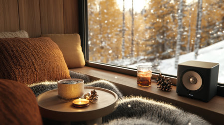 Cozy cabin-style interior with speaker on window ledgeの素材