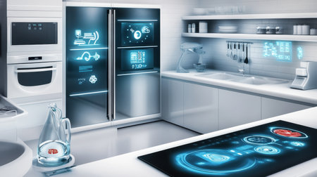 High-tech kitchen with smart appliances, touch-screen fridge, and automated lighting systemの素材