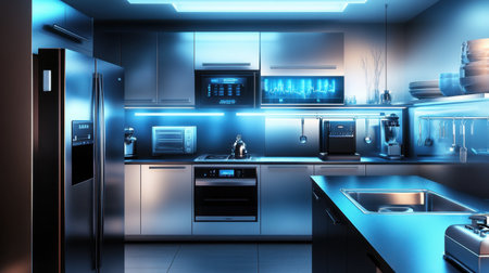 High-tech kitchen with energy-efficient appliances and monitoring panel nearbyの素材