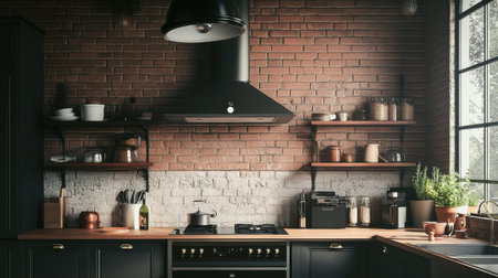 Ceiling-mounted smart cam in open-plan kitchen for complete area viewの素材