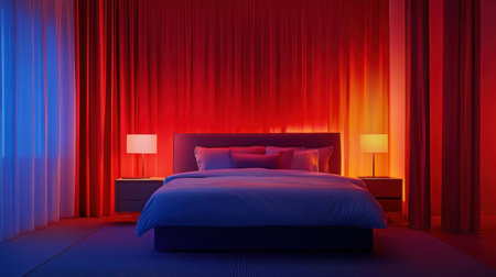 Bedroom with smart assistant, automatic mood lighting, and scheduled climate control setupの素材