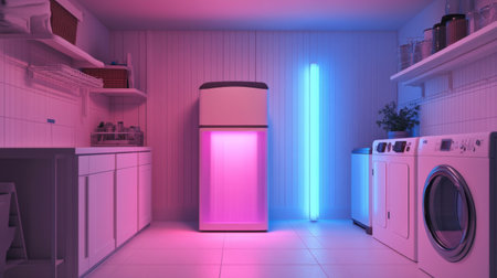 Home energy storage battery unit glowing softly in clean utility roomの素材