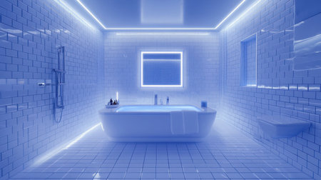 Bathroom overhead smart light set to bright white for morning routineの素材