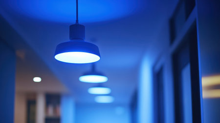 Close-up of smart light bulb in a modern ceiling fixture, glowing in blue hueの素材