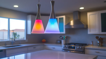 Kitchen island lit with color-changing smart pendant lights controlled via appの素材