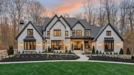 Exterior shot of modern home with smart lighting and security cameras integrated with automationの素材