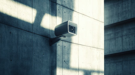 Close-up of sleek outdoor smart camera with night vision on concrete pillarの素材