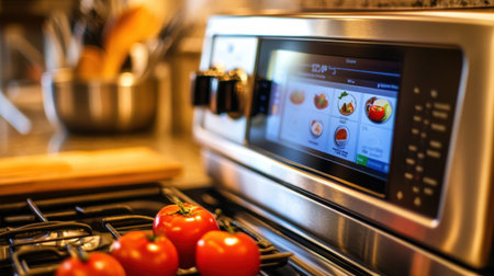 Touchscreen smart oven displaying recipe instructions and cooking timerの素材