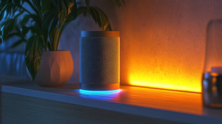 Voice control system device on living room shelf beside decorative items and smart lightingの素材