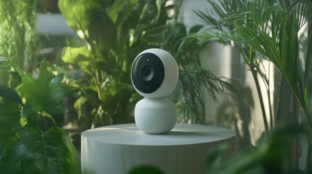 Smart surveillance camera placed discreetly among decorative indoor plantsの素材