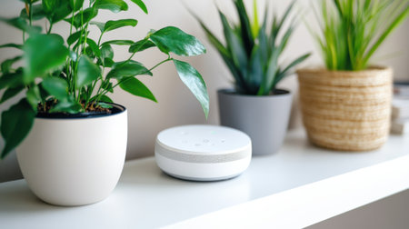 Smart voice command hub next to indoor plants and books on floating shelfの素材