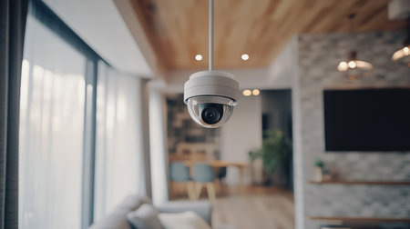 Wide-angle camera with built-in motion detection mounted under ceilingの素材