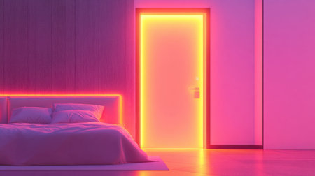 Touch control smart light panel on wall near bedroom door, glowing subtlyの素材