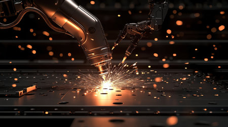 Assembly robot arm with multiple tools for welding, gripping, and movingの素材