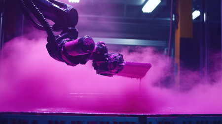 Articulated robotic arm applying paint in a car manufacturing boothの素材