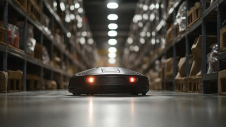 Autonomous mobile robots navigating warehouse aisles with advanced pathfindingの素材