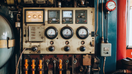 Close-up of industrial smart machine with IoT-enabled control panels and diagnostic displaysの素材