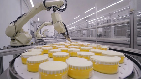 High-speed bottling line with robotic arms capping and labeling productsの素材