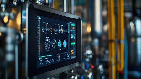 HMI panel displaying pump and valve statuses with touchscreen interface in operationの素材